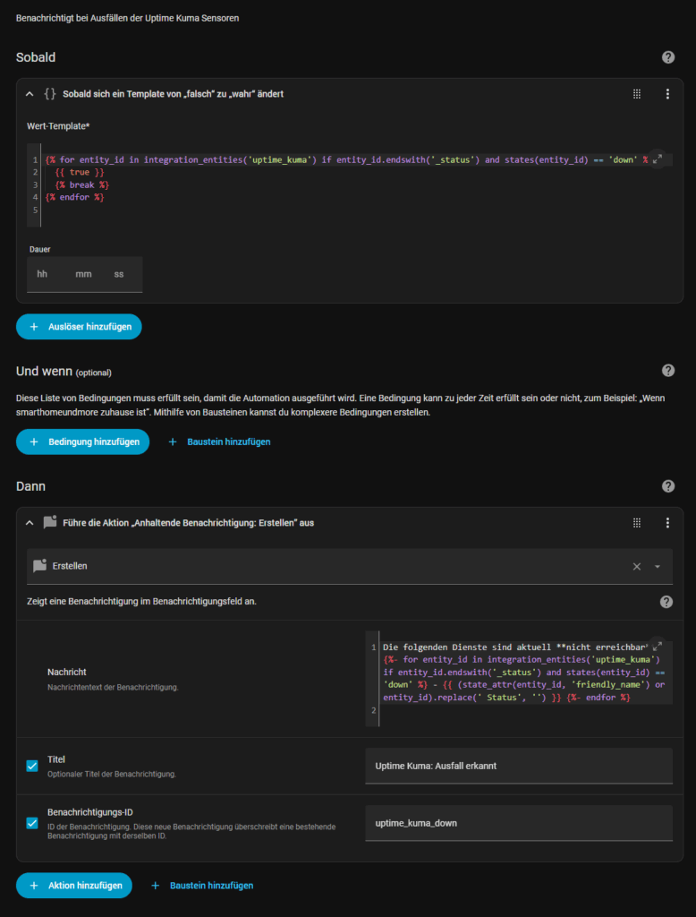 Uptime Kuma in Home Assistant - Benachrichtigung